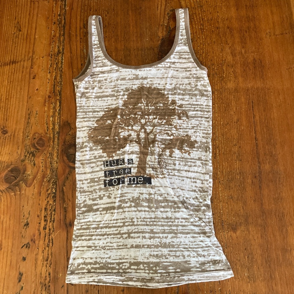 Y2K Burnout Tank Brown and White, "Hug a Tree for Me"  Size Small, Awake Couture